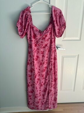 Vici Pink Floral Puff-Sleeve Midi Dress, size M